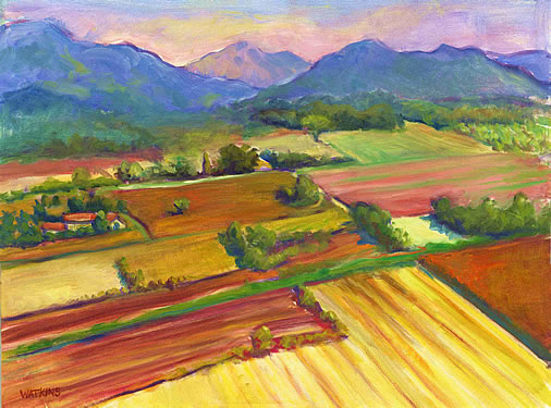 Vue de Puygiron - contemporary painting of French landscape. Copyright Julia Watkins 2001-2004. All rights reserved.